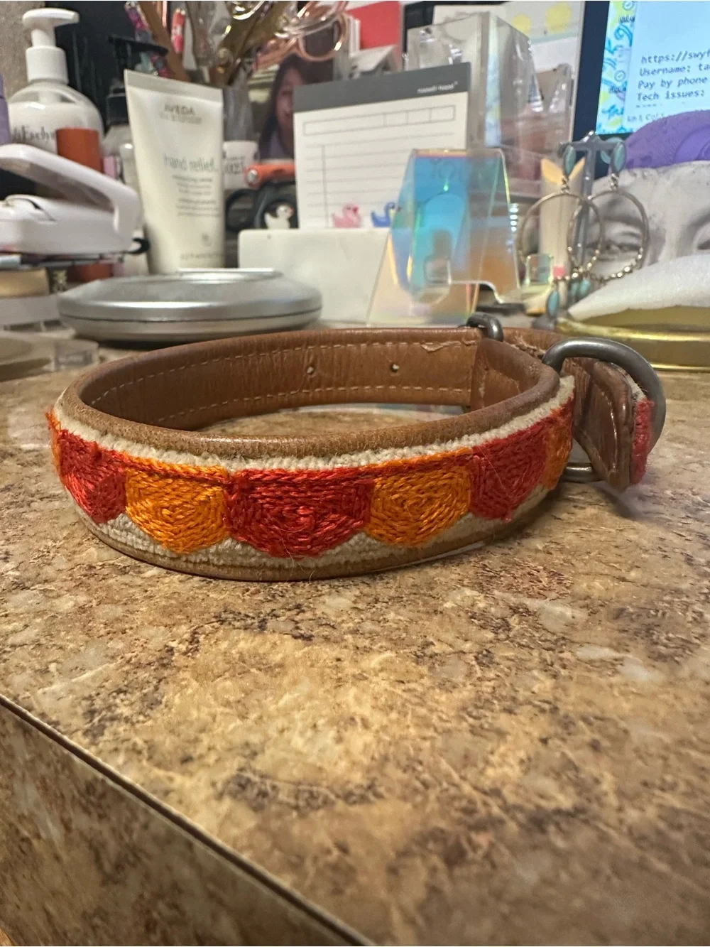 Embroidered Leather Dog Collar with Orange & Red Hearts